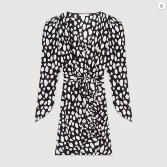 MAJE Black/white Rossima Spot Front Wrap V-neck Draped Mini Dress Size Small - Picture 1 of 7